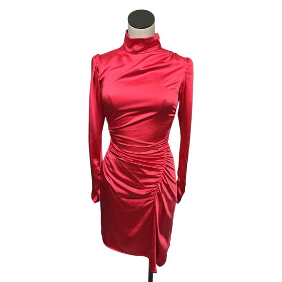 NWT A.L.C. Joss Ruched Asymmetric Satin Dress Size 0 Pink Barbiecore Long Sleeve - Picture 1 of 13